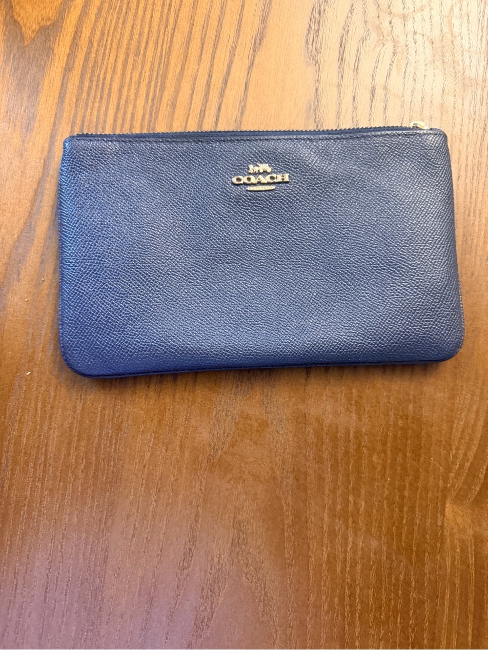 Coach Navy Pebbled Leather Zip Pouch with Gold Logo